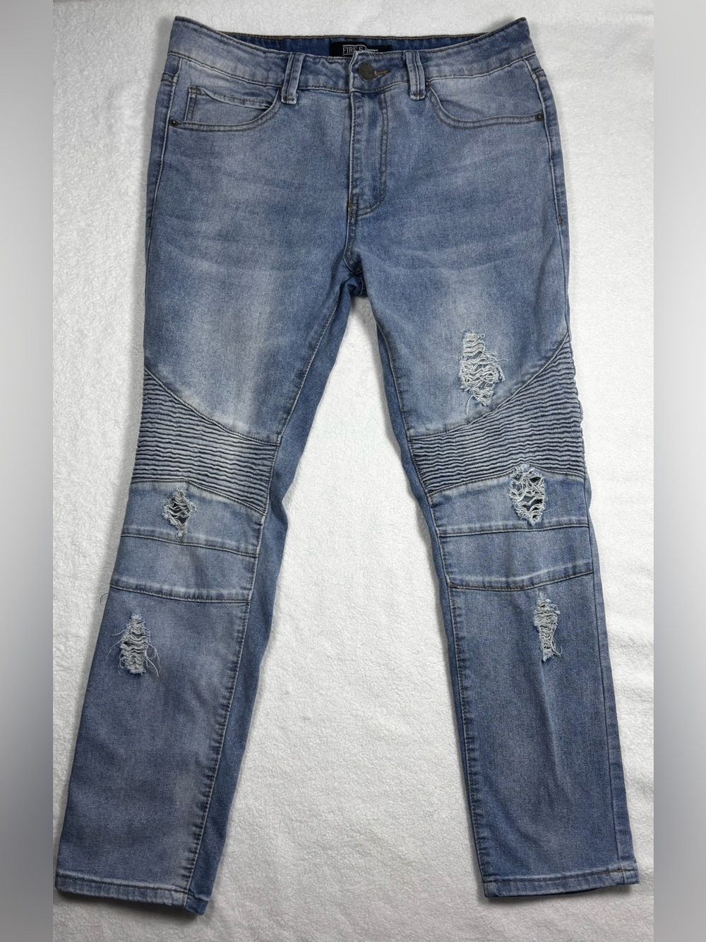 Fire & Rain Mens distressed moto jeans, 30x30light‑wash denim with ribbed knees